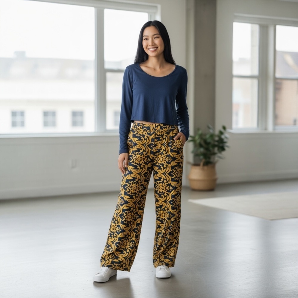 Women's 2 pc set XL Navy Blue & Yellow Gold Damask Wide Leg Palazzo Pants Set